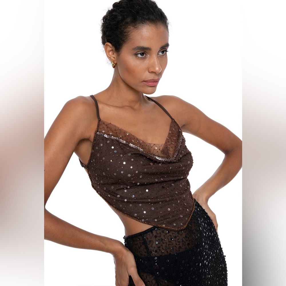 Dyspnea Sequin Paris Circa 2004 Backless Strappy Halter Cowl Neck Crop Tank Top